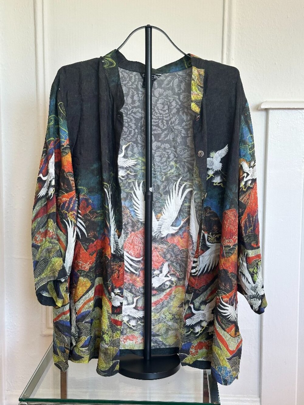 Citron Santa Monica Silk Blend Crane Print Jacket Blouse | 3X